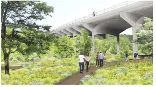 A rendering shows a possible future South Pleasant Valley bridge over Onion Creek Metropolitan Park and Onion Creek in South Austin. (Rendering courtesy Austin Corridor Program Office)