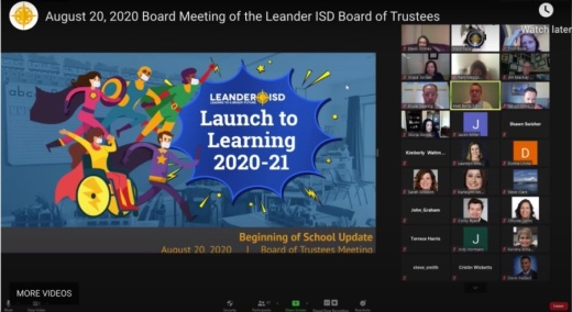 Leander ISD officials offer a phased-in, in-person learning plan recommendation to the school board. (Screenshot courtesy Leander ISD)