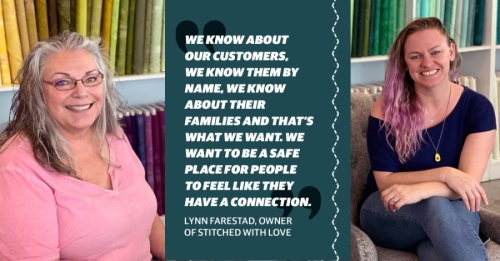 Owner Lynn Farestad started Stitched with Love in McKinney with her daughter Lyssa Rel in 2013. (Photo courtesy Stitched with Love) (Designed by Chelsea Peters/Community Impact Newspaper)