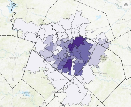 A screenshot of a zip code map color coded in purple