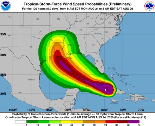 A graphic from the National Weather Service shows wind speed probabilities for Tropical Storm Laura as of 10:55 a.m. Aug. 24. (Screenshot Courtesy National Weather Service)