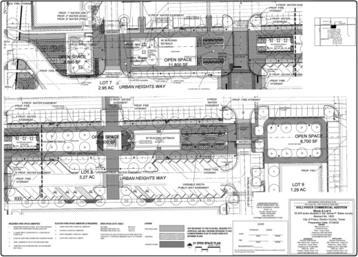 The commission approved open space and preliminary site plans at an Aug. 25 meeting for two drive-thru restaurants, two other restaurant buildings, a professional office building, a hotel and three retail buildings on the corner of Hollyhock Road and US 380. (Screenshot courtesy city of Frisco)