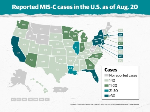 As of Aug. 20, the CDC reports 695 confirmed cases of MIS-C across 42 states, New York City and Washington D.C., 11 of which have resulted in death. Of those confirmed cases, 99% also tested positive for SARS CoV-2. (Graphic by Ronald Winters/Community Impact Newspaper)