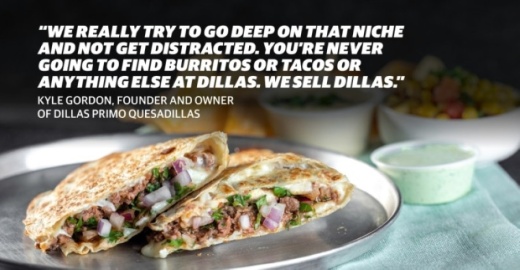 The Lone Star is a bestseller at Dillas, according to founder and owner Kyle Gordon. The quesadilla comes with smoked brisket, red onion, cilantro, barbecue sauce, a cheese blend and jalapeno ranch. (Photo courtesy Dillas Primo Quesadillas; Design by Chelsea Peters/Community Impact Newspaper)