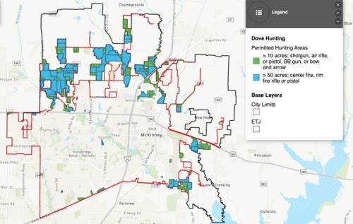 Dove hunting season begins Sept. 1. Here is where dove hunting is allowed in McKinney. Blue areas on the map represent land 50 acres or larger, and green areas represent land 10 acres or larger. (Screenshot by Miranda Jaimes/Community Impact Newspaper)