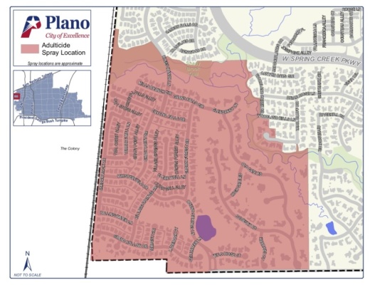 Areas in and around the location of the case will be sprayed by city crews Sept. 3 beginning at 9 p.m., according to a news release. (Courtesy city of Plano)