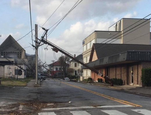 Downtown Lake Charles, Louisiana, had extensive damage to power lines and businesses in the wake of Hurricane Laura. (Courtesy KPLC-TV)