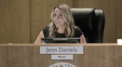Gilbert Mayor Jenn Daniels announces her resignation as mayor at the Aug. 11 council meeting. (Screen capture from YouTube)