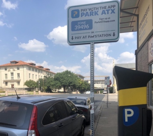 At on-street parking stations such as this one on the University of Texas campus, drivers no longer need to print a sticker to attach to their windshield. Instead, they can enter their license plate number to stay for up to 10 hours. (Jack Flagler/Community Impact Newspaper)
