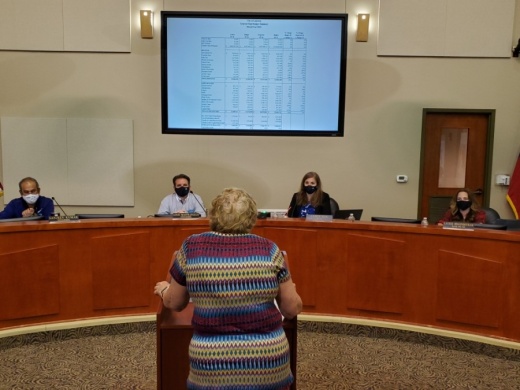 Lakeway resident Pat Vanderford speaks during the public hearing on the proposed fiscal year 2020-21 budget at Lakeway City Council's Sept. 21 meeting—its first in-person meeting since March. From left: Council Members Sajeev Kumar and Louis Mastrangelo, Mayor Sandy Cox and Mayor Pro Tem Laurie Higginbotham were present at the meeting. (Brian Perdue/Community Impact Newspaper)