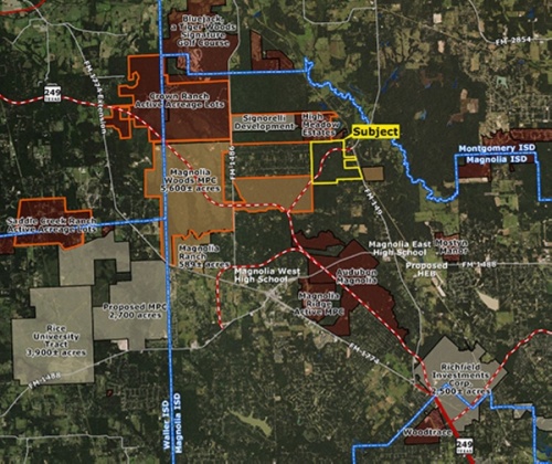 Zoned in Magnolia ISD, the 873-acre property is located on FM 149 and Hwy. 249. (Courtesy Land Advisor Organization)