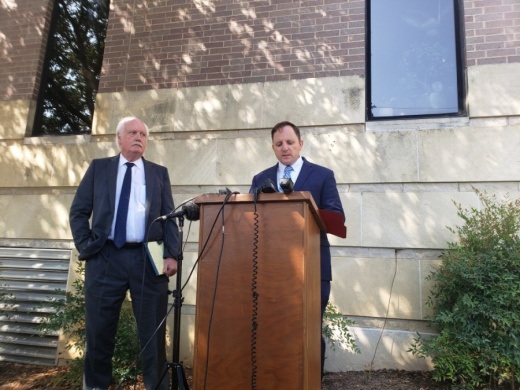 Williamson County Sheriff Robert Chody (center) with his attorney, Gerry Morris, maintained his innocence during a Sept. 28 news conference after a Williamson County grand jury indicted the elected official for evidence tampering in the Javier Ambler case. (Ali Linan/Community Impact Newspaper)