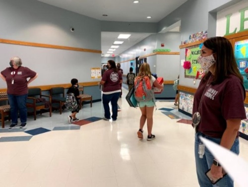 Students walk through the Walnut Springs Elementary School campus on the first day of on-campus learning at Dripping Springs ISD on Sept. 14. (Courtesy Dripping Springs ISD)