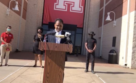 County Judge KP George and other community partners announced the yearlong Diversity Over Division program at a Sept. 30 press conference in front of the University of Houston at Sugar Land. (Screenshot courtesy Fort Bend County)