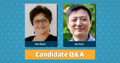 Two candidates, Kim Boen and Jun Xiao, are running for Round Rock ISD board of trustees Place 1.