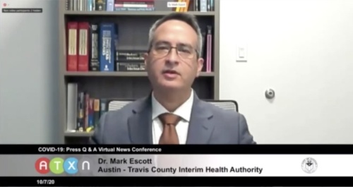 A screen shot of Dr. Mark Escott speaking at a virtual press conference