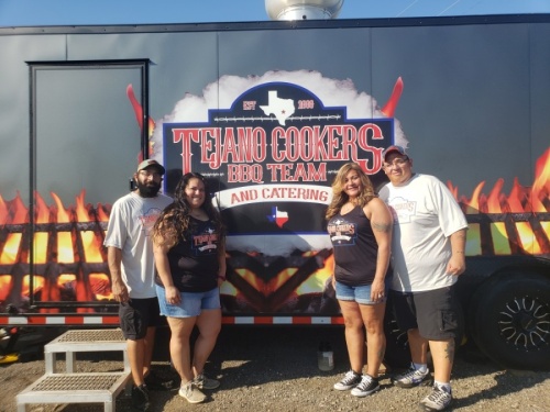 Chris Rodriguez (right) opened the Tejano Cookers food truck with wife Angie, cousin Erica Cansino and her husband Tony. (Ali Linan/Community Impact Newspaper)
