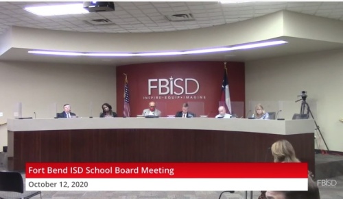 As some Fort Bend ISD students returned to the classroom, trustees returned to the boardroom for the first time since March for their Oct. 12 meeting. (Screenshot courtesy Fort Bend ISD)