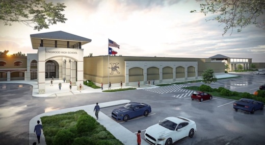 The updated Kingwood High School renderings show a line following the perimeter of the campus, indicating where the flood barriers will be located. (Screenshot of rendering courtesy PBK Architects)
