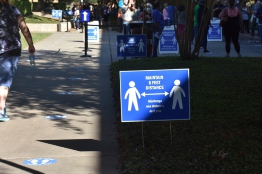 Voters are encouraged to keep a 6-foot distance from one another, causing lines to stretch farther than they typically would with the same amount of people. (Makenzie Plusnick/Community Impact Newspaper)