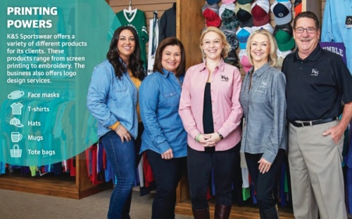From left: Account Manager Sarah Otis, Graphic Designer Rachal Rodriguez and owner Brittney Mittag stand with K&S Sportswear founders Katy and Steve Weirich. (Courtesy K&S Sportswear) (Designed by Ronald Winters/Community Impact Newspaper)
