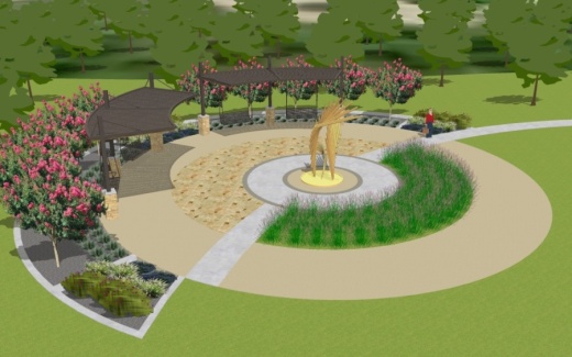 Yonders Point, a plaza and a terraced seating area with outdoor swings and lounge chairs, will be constructed on a field southwest of the intersection of Harrell Parkway and Aten Loop. (Rendering courtesy city of Round Rock)