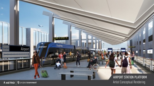 Capital Metro released new renderings Oct. 26 of its proposed Project Connect expansion, which voters will decide Nov. 3. This rendering shows a Blue Line light rail train at the Austin-Bergstrom International Airport. (Rendering courtesy Capital Metro)