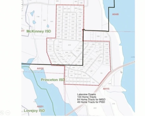 The black line bisecting the Lakeview Downs community shows which residences will be zoned for McKinney ISD and which will be zoned for Princeton ISD. (Courtesy McKinney ISD)