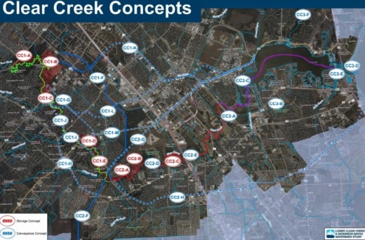 To solve drainage issues along Clear Creek, experts working on the Lower Clear Creek and Dickinson Bayou Watershed Study have proposed several potential flood mitigation projects, including building miles of underground tunnels. (Courtesy Freese and Nichols)