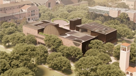 Adjaye Associates' design will replace most of the existing Rice Memorial Center footprint with a three-story, 80,000-square-foot building offering a multicultural center and a rooftop auditorium. (Courtesy of Adjaye Associates/Rice University)