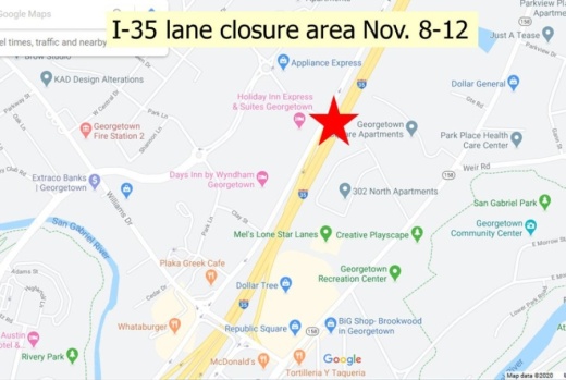 Lane closures each night will start at 9 p.m., and lanes will reopen to traffic the next morning at 5 a.m. (Courtesy city of Georgetown)