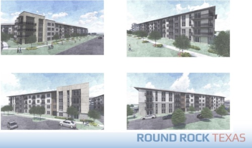 The rezoning incorporates a commercial parcel and an urban-style, multifamily portion, according to city documents. (Renderings courtesy city of Round Rock)