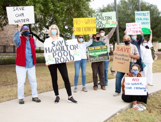 Hamilton Pool Road residents protest outside of Bee Cave City Council on Nov. 10. (Courtesy Nancy Hernandez)