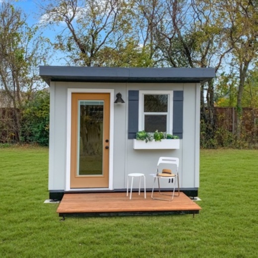 The 10-foot-by-10-foot sheds are made from plywood and steel and require no carpentry or electrical skills for assembly. (Courtesy Backyard Workroom)