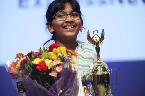 Harini Logan, 10, won the 66th annual Express-News Spelling Bee at the University of Texas at San Antonio downtown campus on March 17, 2019. For 2021, the event is slated to be held in March at the Brauntex Performing Arts Theatre in New Braunfels. (Photo by Jerry Lara, courtesy the San Antonio Express News)