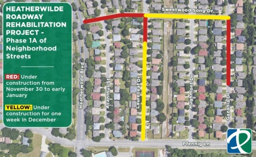 Beginning Nov. 30, the city of Pflugerville will kick off improvements on Sweetwood Song Drive, Laurelleaf Drive and Gazania Drive. (Courtesy city of Pflugerville)