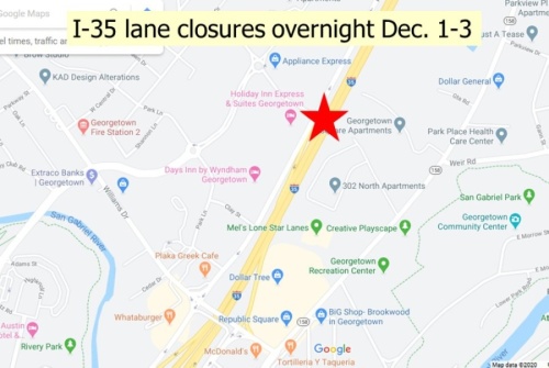One northbound main lane and two southbound main lanes will be closed each night Tuesday through Thursday for the construction of a concrete barrier on I-35. (Courtesy city of Georgetown)