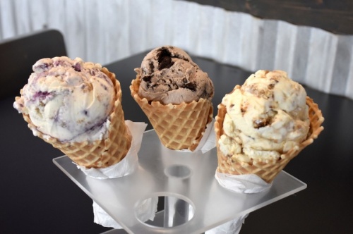 Blueberry Cheesecake, Cookies n' Cream and Caramel Crack are among the most popular flavors at Tongue in Cheek Ice Cream. (Makenzie Plusnick/Community Impact Newspaper)