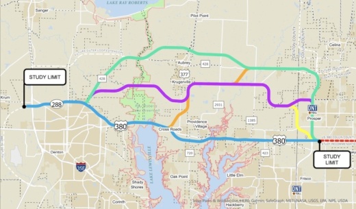 This shows the conceptual alignments for US 380 in Denton County. (Courtesy Texas Department of Transportation)