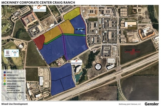 A new 62-acre mixed use development will feature office, residential and retail spaces fronting SH 121 in McKinney. (Courtesy McKinney Joint Venture LLC and Gensler)