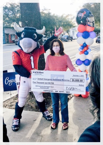 Food Pantry Manager Colleen Chalker was one of nine finalists in the Houston Texans Community Quarterback Awards, receiving a $5,000 award for TEAM. (Courtesy Tomball Emergency Assistance Ministries)