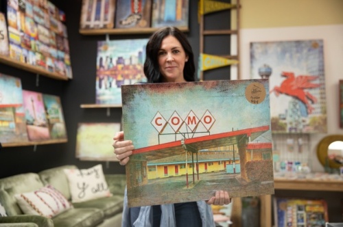 Annie Holland, owner of Lone Chimney Mercantile, began making and selling her own landmark photo art after the birth of her daughter. (Liesbeth Powers/Community Impact Newspaper)