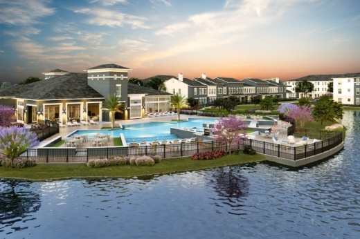 Community amenities include a clubhouse, a fitness center, a golf simulator room, a library, a conference room, a covered patio and a resort-style pool with poolside cabanas. (Rendering courtesy The Canopy at Springwoods Village)