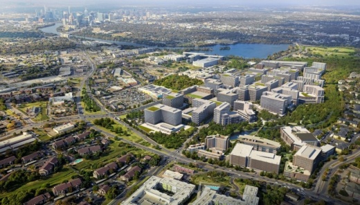 A rendering shows plans for River Park, a 109-acre, 10 million-square-foot mixed-use development set to come to Southeast Austin along Riverside Drive and Pleasant Valley Road. (Rendering courtesy Sasaki)