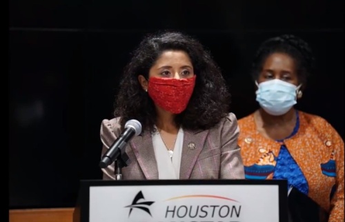 Harris County Judge Lina Hidalgo (left) and U.S. Rep. Sheila Jackson Lee, D-Houston (right) urged residents to cancel holiday gatherings to curb the spread of COVID-19 in a press conference Dec. 23. (Screenshot via Facebook Live)