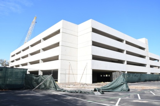 A 1,700-car parking garage is about 60% complete at the former Chevron property at 4800 Fournace Place, Bellaire, according to the developer. (Hunter Marrow/Community Impact Newspaper)