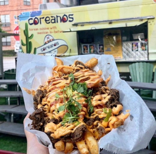 Menu items range from Kimcheese fries and Korean barbecue burritos to Korean barbecue tacos and rice bowls. (Courtesy Coreanos)