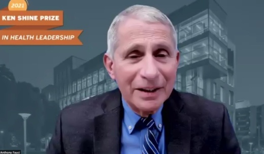 Dr. Anthony Fauci gave remarks while accepting the Ken Shine Prize in Health Leadership from Dell Medical School. (Screenshot via The University of Texas)