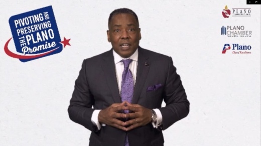 Mayor Harry LaRosiliere spoke of his continued vision for Plano at his last State of the City address, which he delivered via Zoom on Jan. 14. (Screenshot via Plano Chamber of Commerce)