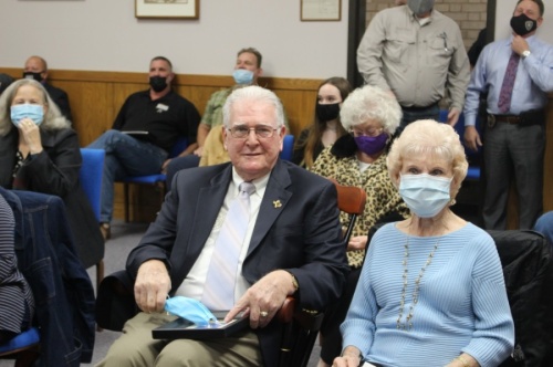 Humble City Council Member Allan Steagall, left, who served on the council for 18 years, officially retired Jan. 14. Steagall was joined at his last meeting by his wife, Juanita, right. (Kelly Schafler/Community Impact Newspaper)
